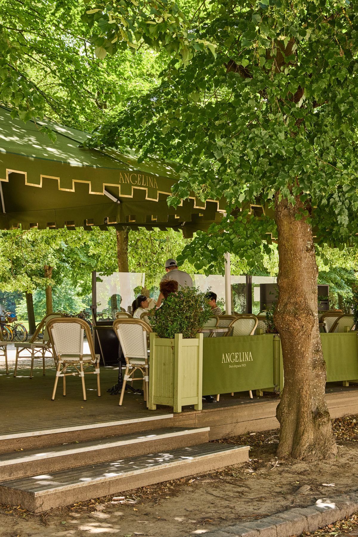 Outdoor seating area at Angelina Paris - Domaine de Trianon tea room surrounded by trees and greenery.