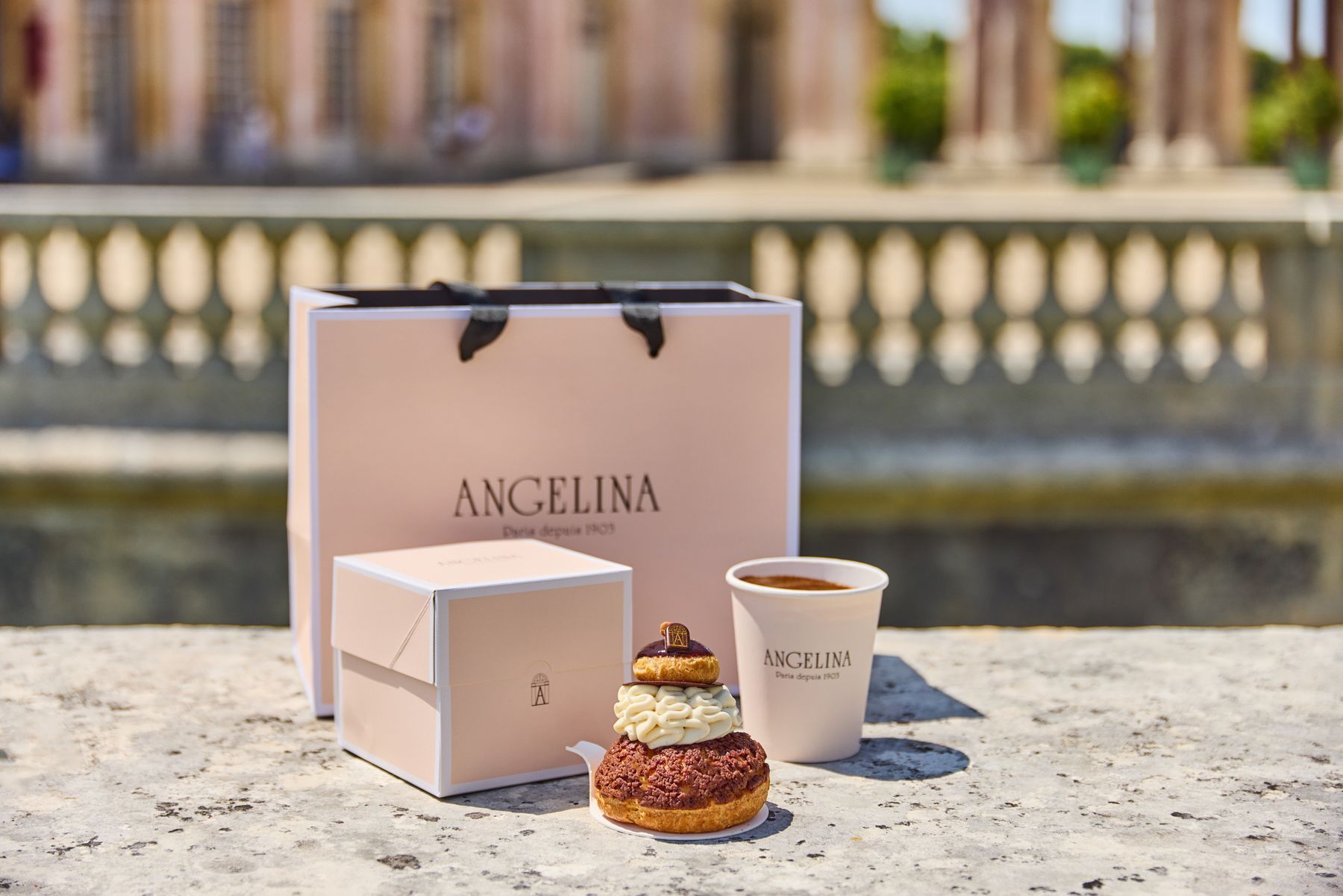 Gourmandise avec un mont-blanc, un chocolat chaud et un emballage d'Angelina Paris au Domaine de Trianon.