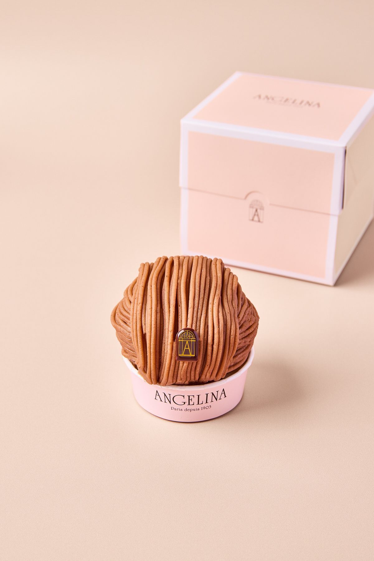 Mont-Blanc pastry from Boutique Angelina Paris presented with its branded packaging in soft pink tones.