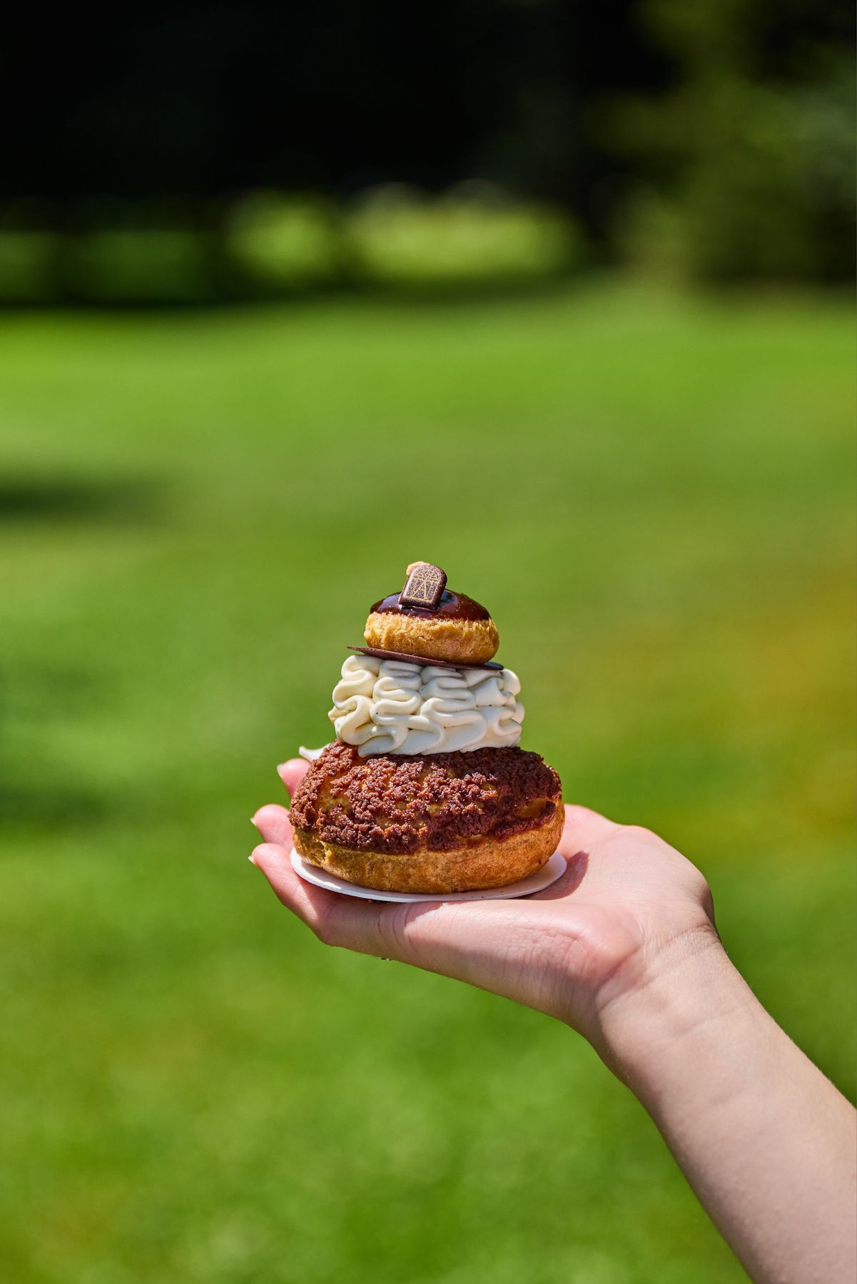 Un Mont-Blanc pâtisserie délicat avec crème et chocolat, tenu à la main dans un cadre extérieur verdoyant.